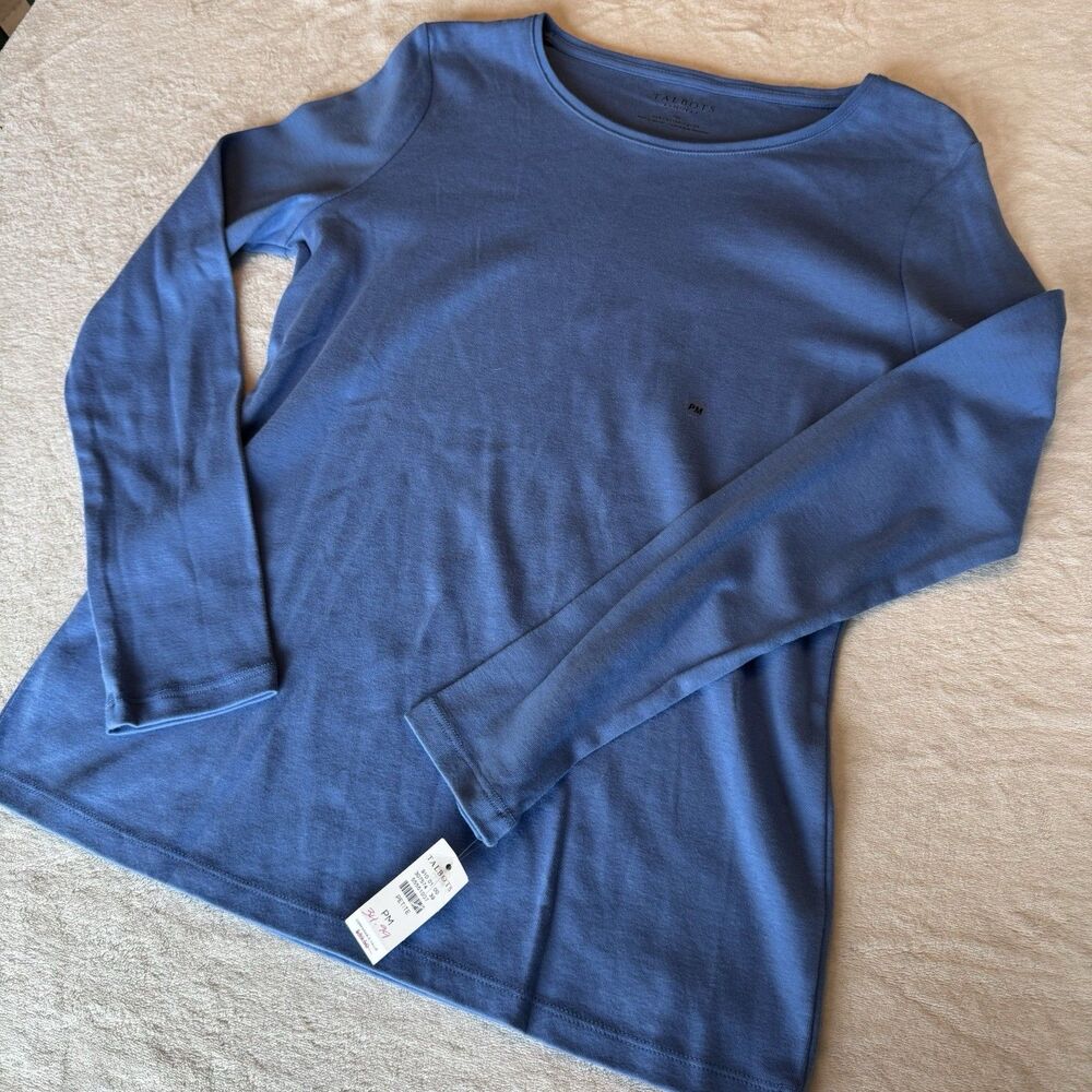 Talbots Petites PM 100% Cotton Scoop Neck Long Sleeve Knit Top - Blue Cornflower